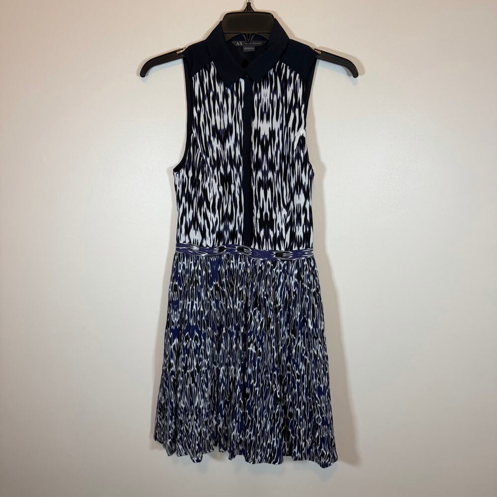 Armani Exchange Sleeveless Collared Mini Dress Women 2 Blue Black White Abstract